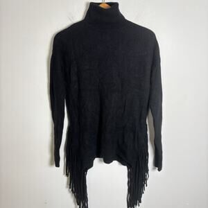Cashmere 2 Ply C by Bloomingdales Black Fringe Turtleneck Sweater Size S Western